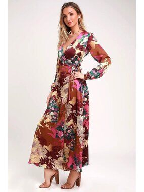 Lulus Put on a Smile Burgundy Floral Print Satin Wrap Maxi Dress Size XL